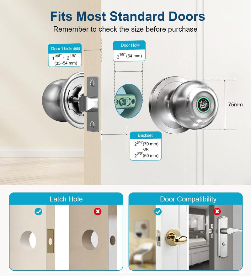 Smart Fingerprint Door Knob with App Control & Key, Keyless Thumbprint Entry for Bedroom, Home, Apartment, Office - Satin Nickel