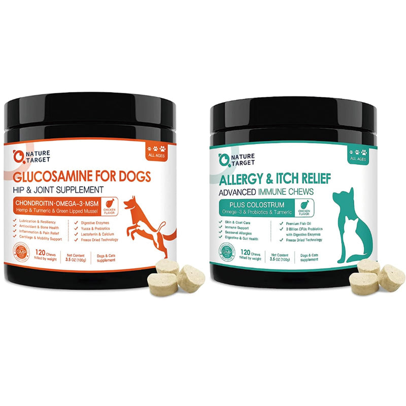 NATURE TARGET Dog Allergy Relief Freeze Dried Chews, with Probiotics, Colostrum for Immune Health, Glucosamine for Dogs, Hip & Joint Supplement