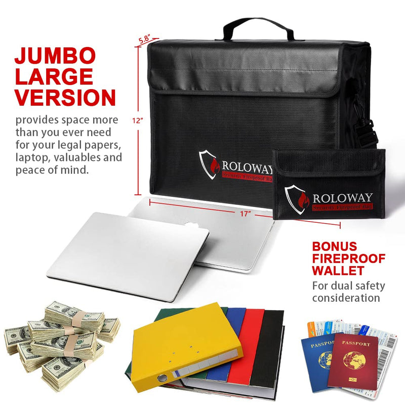 ROLOWAY Large (17 x 12 x 5.8 inches) Fireproof Bag, Water Resistant Fireproof Document Bag Safe for Money, Documents and Valuables Storage XX-Large + Small Black