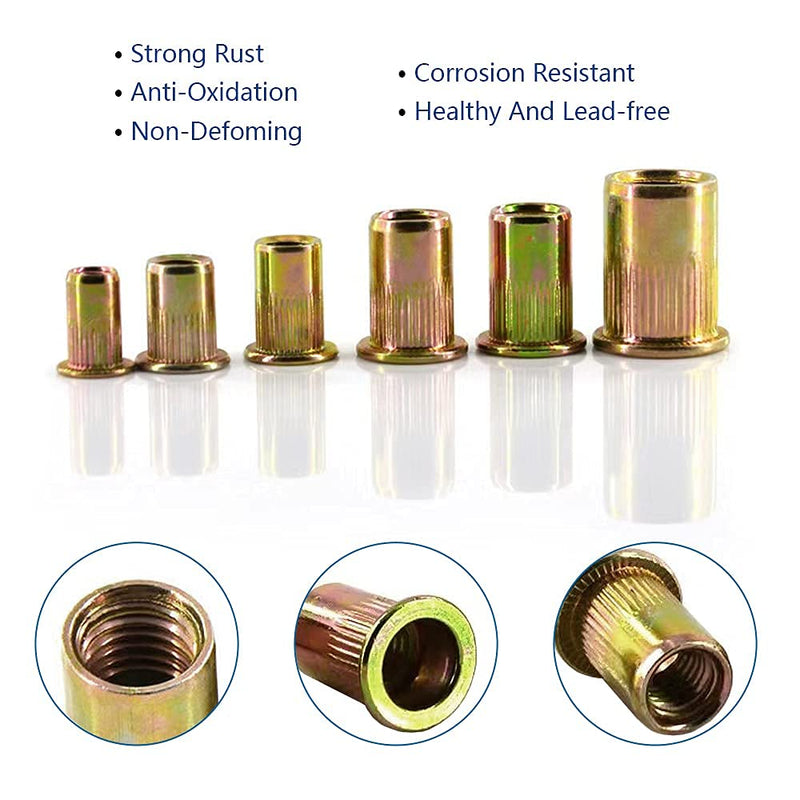 100PCS 1/4"-20 Rivet Nuts, Carbon Steel UNC Rivet Nut Set, Flat Head Threaded Rivets Nut Inserts for Metal(1/4"-20) NUT-1/4"-20