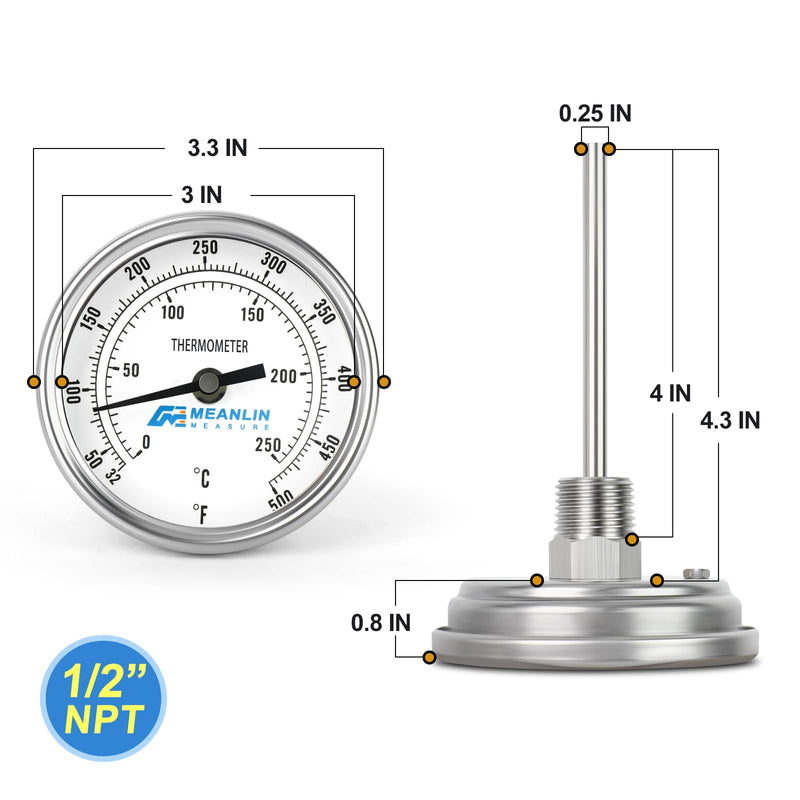 MEANLIN MEASURE 2PCS 1/2" NPT Bimetal Thermometer, 3" Dial, 4.3" Stainless Steel Stem, Accuracy 2%, Center Back Mount, Temperature Range 50-500°F/0-250°C for Hot Water, Boilers and Pipes 4.3" Rod (Center Back Mount)