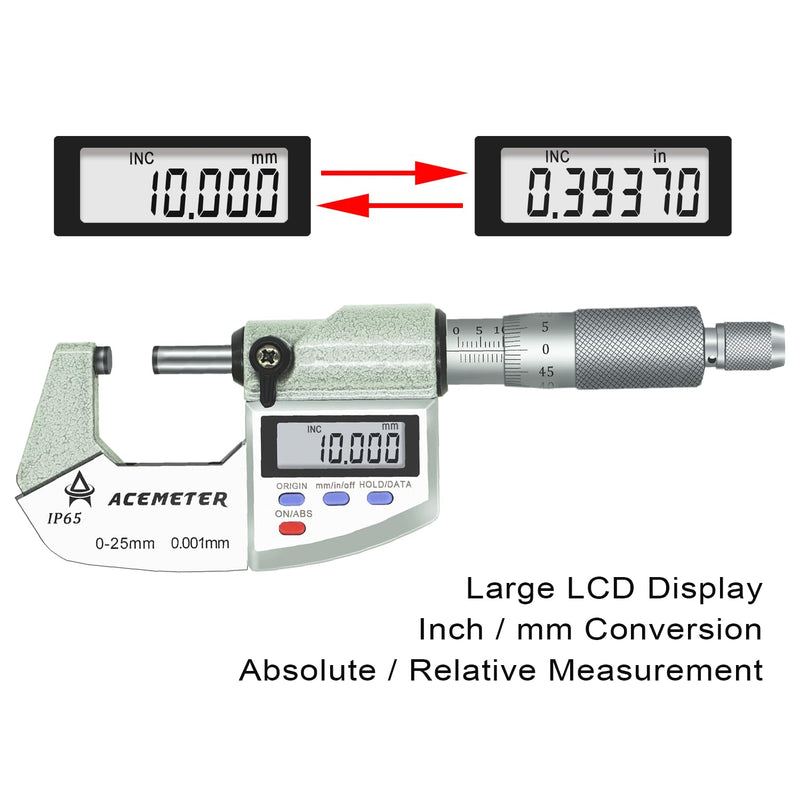Digital Micrometer Precision Professional 0-1" (0-25mm) Range, 0.00005" (0.001mm) Resolution,Large Screen Digital Micrometer, Meets IP65 Specifications with Standard Ratchet Stop