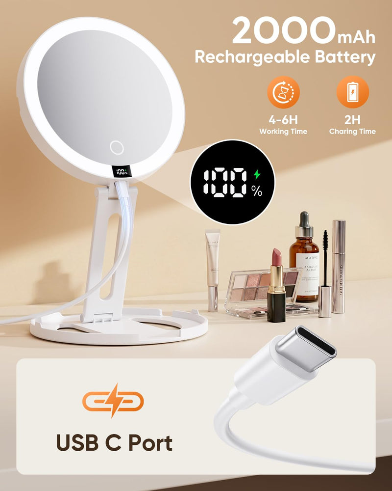 Travel Makeup Mirror with Lights (Gen 3) - 20X/1X Dual Sided Magnifying Mirror with Digital Power Display - Rechargeable, 3 Color Dimmable, CRI 95+ - Portable Folding Design White