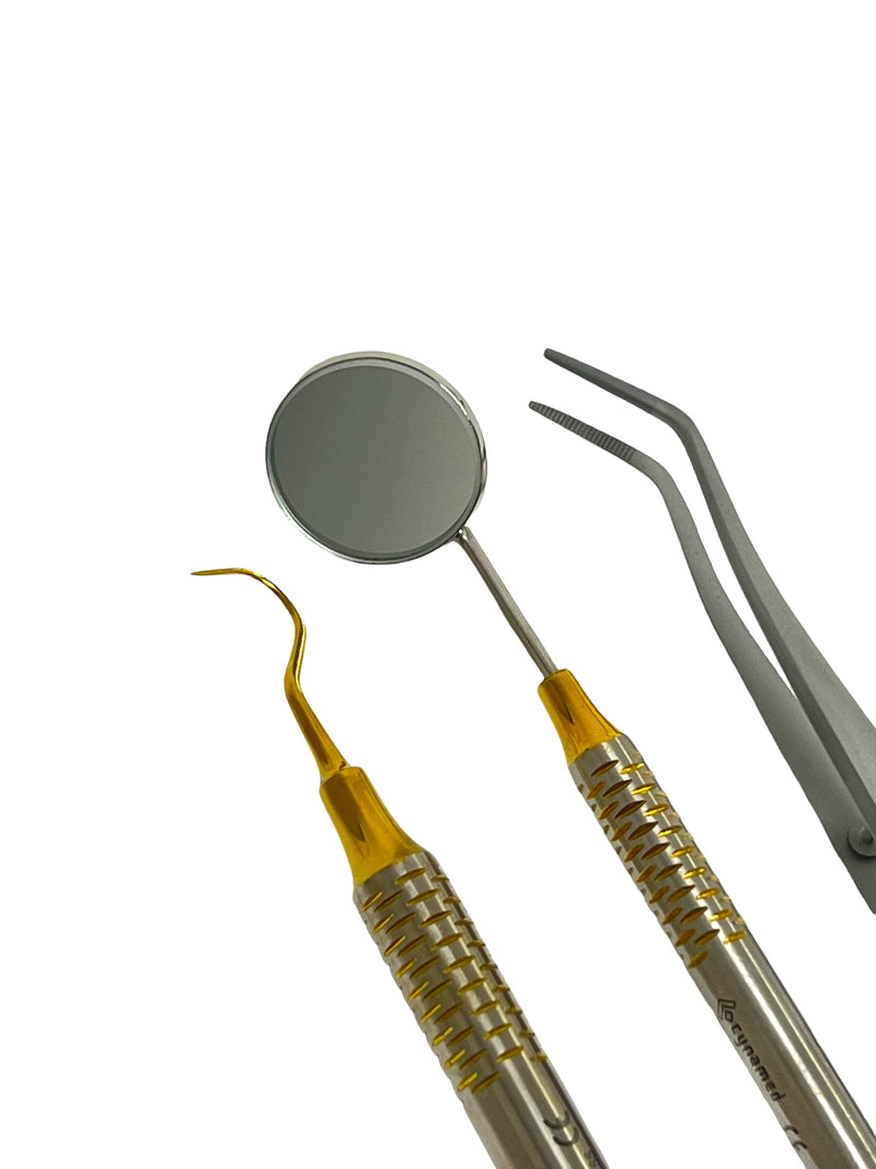 ArTLaB-Premium German 3 Instruments Basic Dental Set- Mirror Explorer College Cotton Plier Hollow Handle -Dental Instruments set of 3 (Gold Titanium Set of 3) Gold Titanium Set of 3