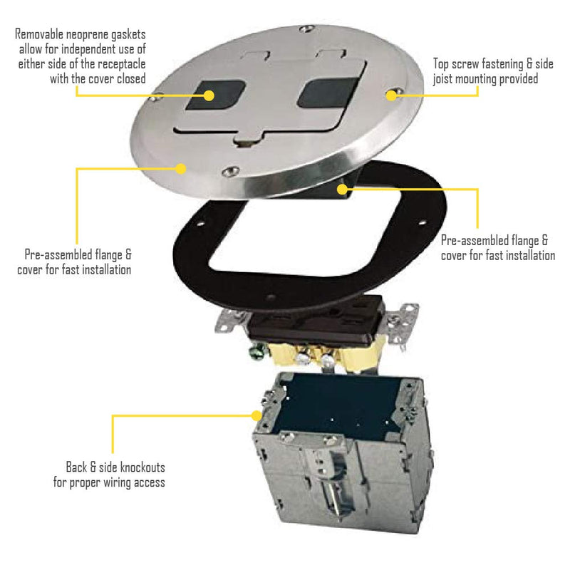 RACO 6239NI Floor Kit with Recessed Duplex 15A TR Device and Adjustable Steel Box, 1-Gang, Nickel Floor Box Kit