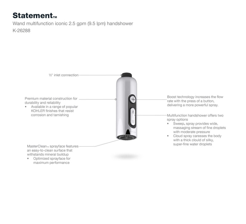 KOHLER 26288-2MB Statement Two-Function HAND SHOWER Wand, Maximum Spray Performance with Mode Selector Buttons, Vibrant Brushed Moderne Brass, 2.5 GPM