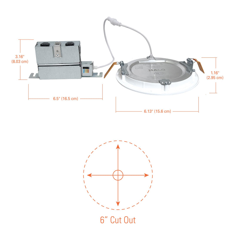 HALO HLBPH 6 inch Canless Recessed Downlight w/Remote Driver/Junction Box Integrated LED Kit Selectable 2700K, 3000K, 3500K, 4000K, 5000K CCT New Construction 6 inch White 5CCT