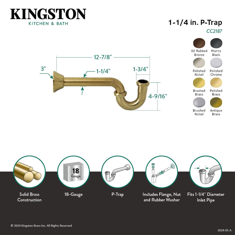 Kingston CC2186 1-1/4-inch Decor P-Trap, 18 Gauge, Polished Nickel