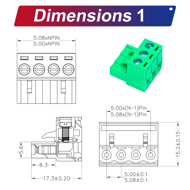 Tcenofoxy 5.08mm Male & Female 2/3/4/5/6/7/8/9/10/11/12/13/14/15/16/18/20/24 Pin Phoenix Connector No Soldering Green PCB Screw Terminal Block Connector (4Sets 5.08MF-3Pin) 5.08MM-3P-4Sets