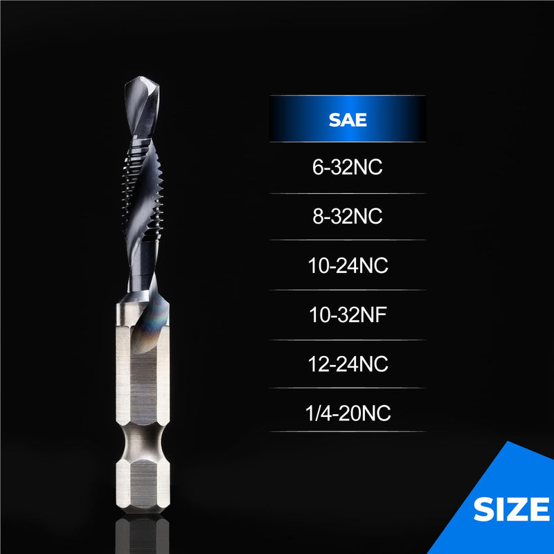 Kraftek SAE(6-32NC - 1/4-20NC) 6pcs Combination Drill and Tap Bit Set, Ultra TiAlN Coating M2 Drill Tap Set for One-Step Drilling, Tapping, and Deburring SAE Set (6pcs)