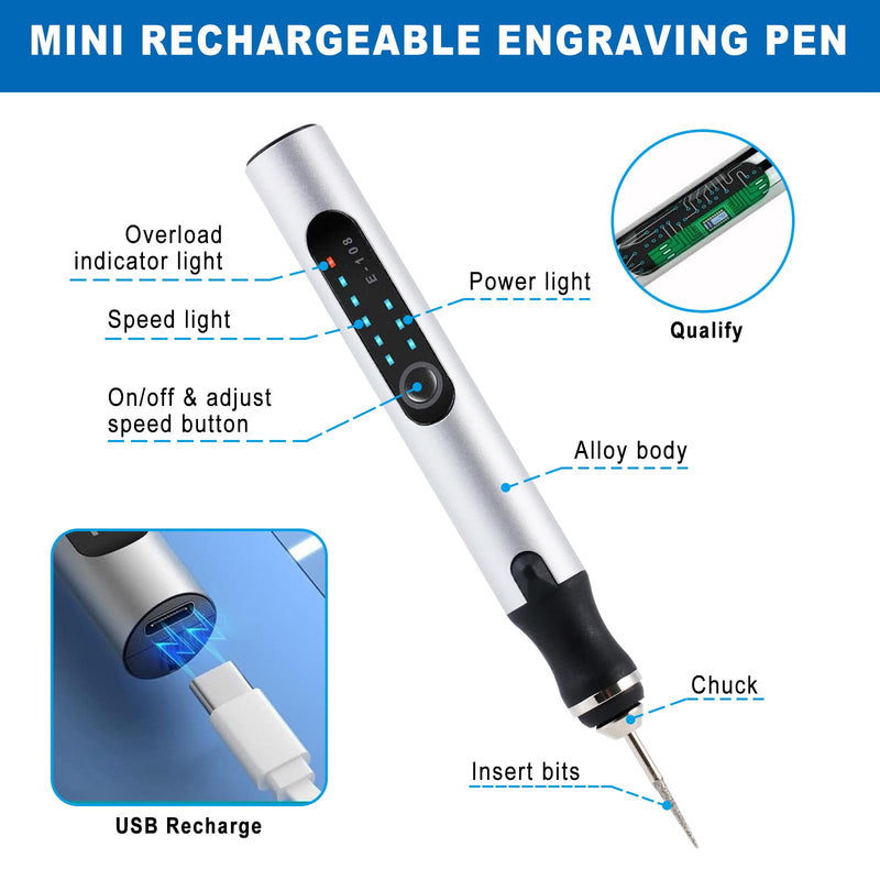 Hgrotp Engraving Pen for Metal Wood Glass Plastic, Cordless, Rechargeable, Engraving Tool Kit DIY Craft Gifts for Teens Adults Beginner