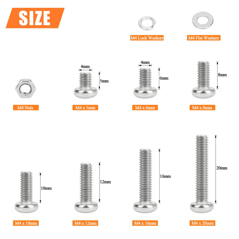 380 Pieces M4 x 5mm /6mm /8mm /10mm /12mm /16mm /20mm, Phillips Pan Head Machine Screws, Metric Screws Bolts Washers Nuts Kit, 304 Stainless Steel