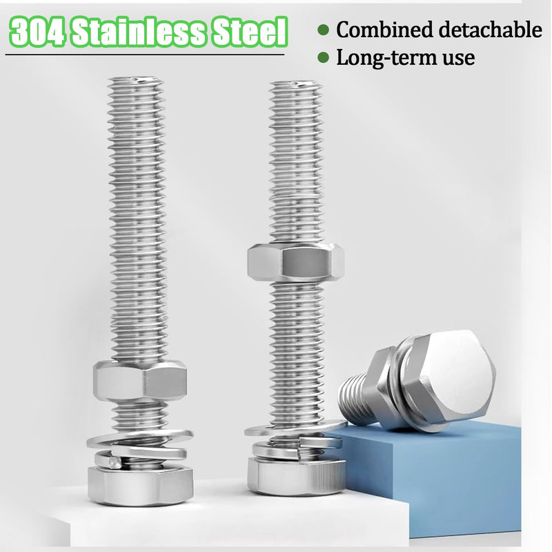 4 Sets 3/8-16 x 4 Stainless Steel Hex Head Screws Bolts, Nuts, Flat & Lock Washers, 18-8(304) Full Thread 3/8-16 × 4"（4 Sets）