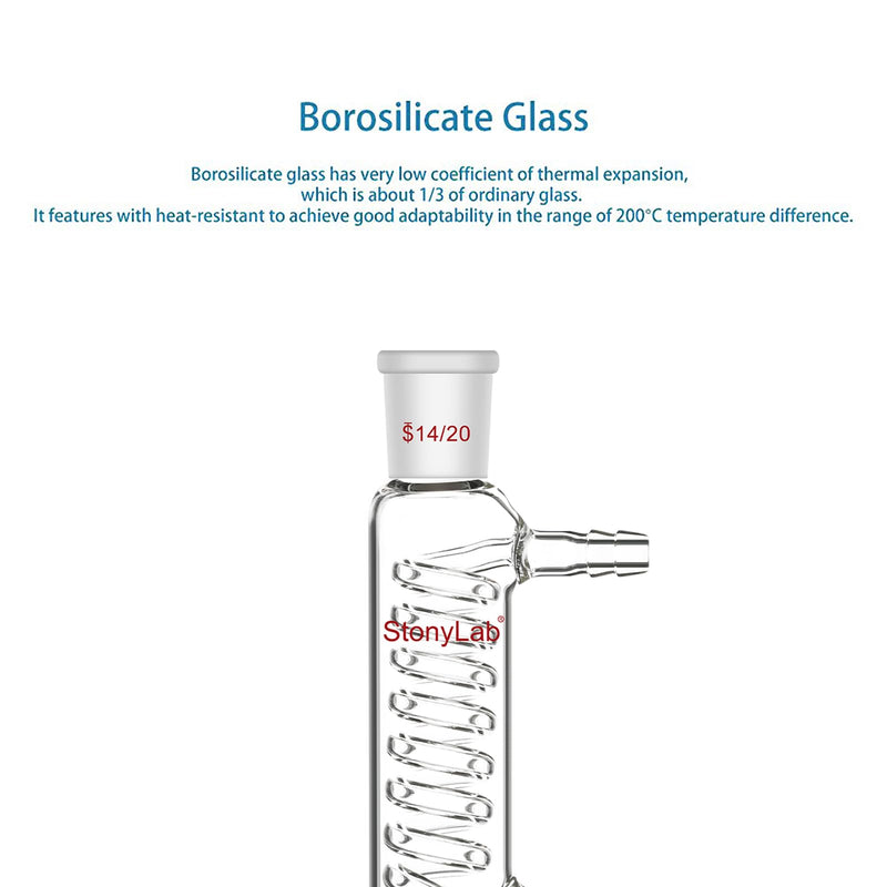 stonylab Graham Condenser, 3.94 inch Small Cooling Path, 14/20 Joint, Laboratory Glassware for Precise Microscale Condensation and Reflux Processes