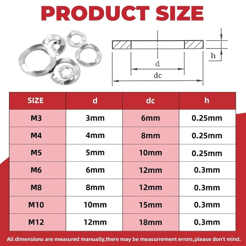 350PCS Spring Wave Washer Gasket Assortment Kit, M3 M4 M5 M6 M8 M10 M12 Wavy Wave Crinkle Spring Washers Sets, 304 Stainless Steel Metric Wave Spring Washer for Screw Bolt. 304 stainless steel M3-M12 Silver