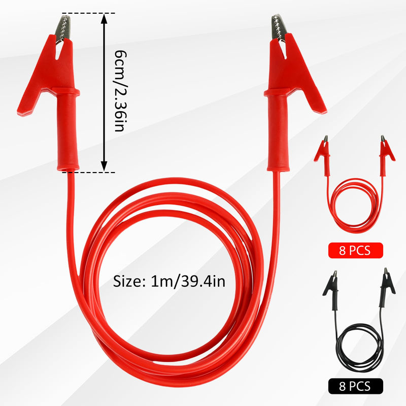 16PCS Silicone Alligator Clips 3.3 Ft, 14 Gauge 1500V 15A Jumper Wires Alligator Clips Dual Ended 39"/ 1m Test Leads Set, Test Flexible Wire Cable with Protective Insulator Clamps 16PCS Red Black