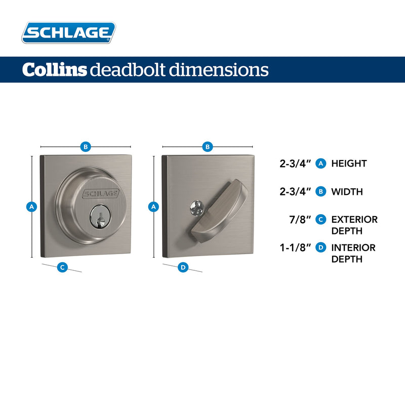 SCHLAGE Lock Company Single Cylinder Deadbolt with Collins Trim, Satin Brass (B60 608 COL)