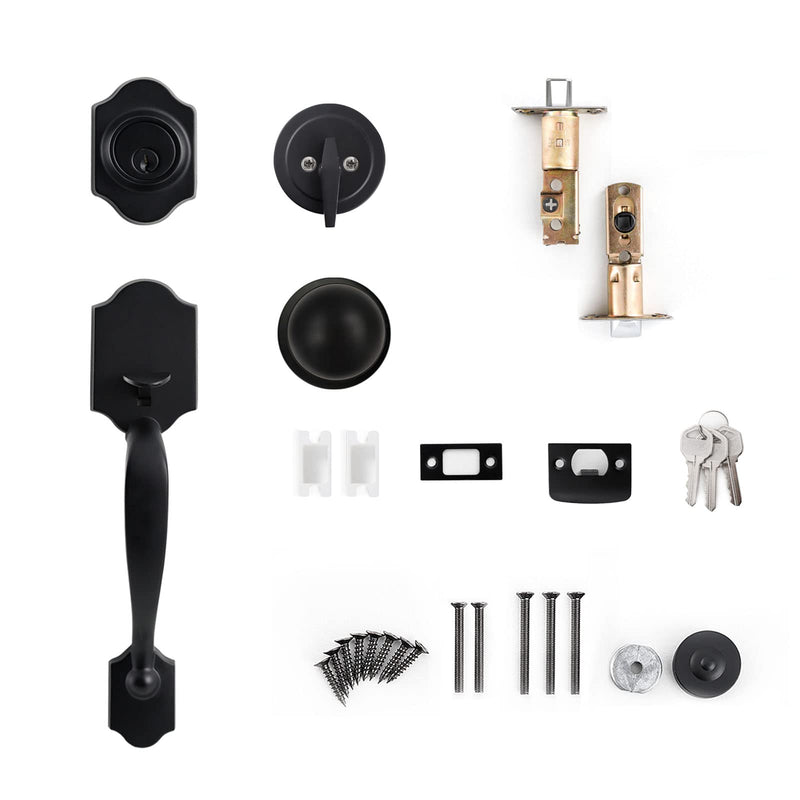 Natsukage Front Door Handle and Lock Set - Matte Black Entrance Handle With Deadbolt and Knob - Heavy-Duty Adjustable Entry Lock - Reversible for Right & Left Handed Traditional (Arc shape+Knob Handle)