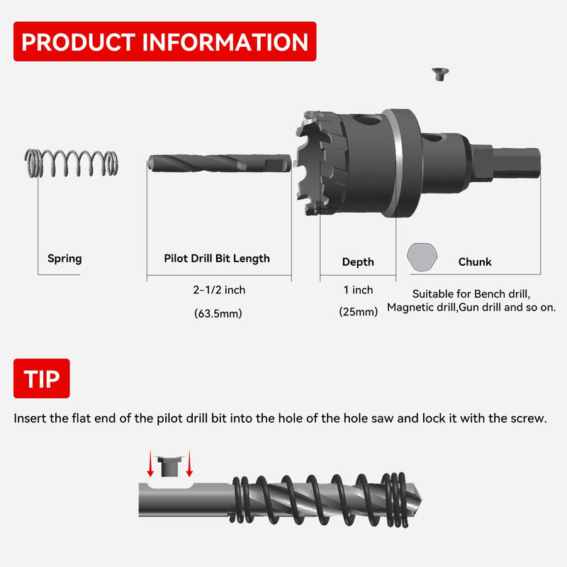 1-5/16" (34mm) Tungsten Carbide Tipped Hole Saw with 2Pcs Titanium-Plated Pilot Drill Bits for Hard Metal,Stainless Steel,Iron,Aluminum Alloy,Wood and Plastic 34mm | 1-5/16"