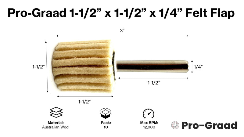 10 Pack 1-1/2" X 1-1/2" Felt Flap Wheel with 1/4" Shank Mounted, Perfect for Surface Finishing, Polishing, Buffing Plastics, Stone, Glass, Steel, Stainless, Aluminum & More, Pack of 10 1-1/2" x 1-1/2" x 1/4"