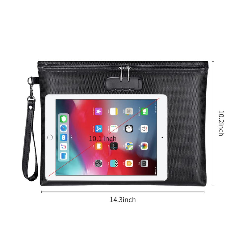 Fireproof Document Bag with Lock, ZOOPIP 14.3"x10.2" Fireproof and Waterproof Money Bag with Zipper Closure, Storage Pouch for A4 Letter Size Document, Cash, Cell Phone, Tablet, Credit Card,Passport Black 14.3"*10.2"*0.6"