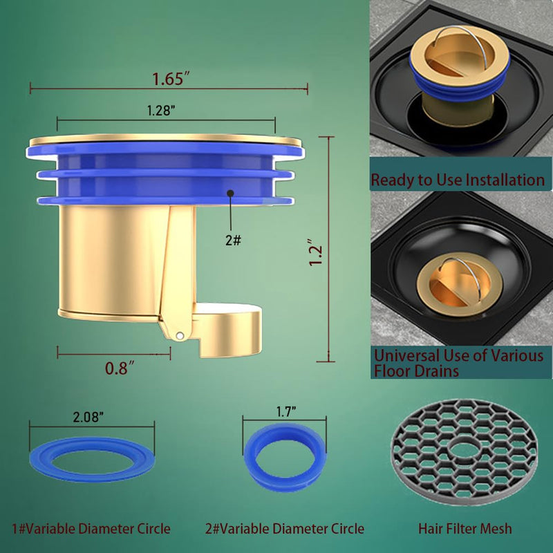2 Pack Floor Drain Odor Stopper, Floor Drain Backflow Preventer, Brass One Way Anti-Odor Check Valve, Fits 1.28-2.08 Inch Diameter for Shower or Basement