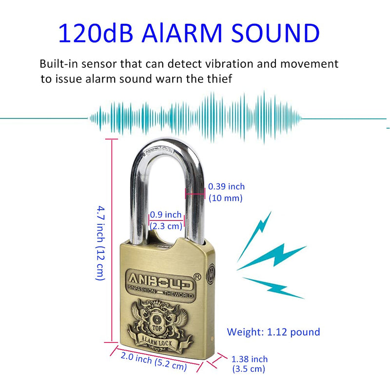 Alarm Padlock - Anti-Theft Heavy Duty Security Alarm Lock - 120db Alarm Sound - Weather Proof for Door Storehouse Truck with 4 Keys (10mm) Bronze 10mm