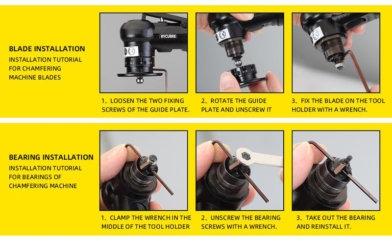 Pneumatic Chamfer Tool - Mini Air Chamfering Machine with 6 C Blades, 6 R Blades & 6 Bearings, 45 Degree Deburring Tool for Metal, Wood, Acrylic - Air Beveling Tool for Precision Work (Yellow) Black