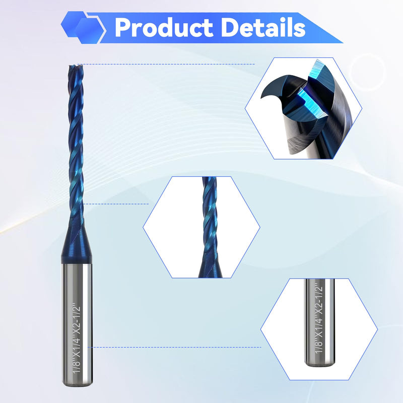 CNC Router Bit 1/8" Cutting Dia 1/4" Shank 3-Flute Extra Long End Mills | Upcut Spiral Solid Carbide End Mill with Blue Nano Coating for Wood, PVC, Aluminum PVC Engraving, 2PCS