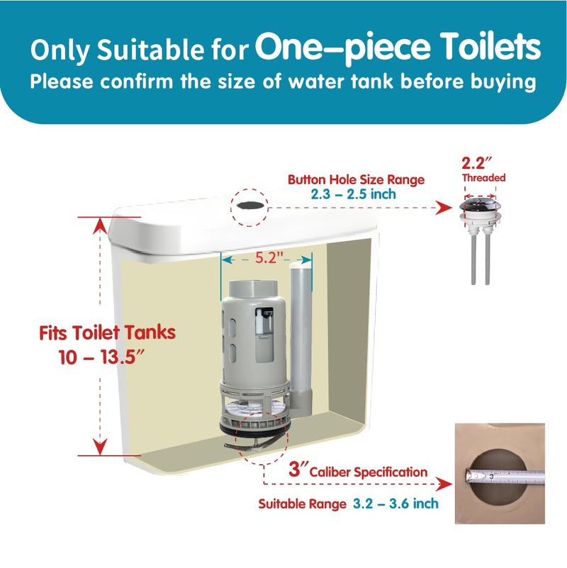 3-Inch Dual Flush Valve Replacement Kit for One Piece Toilet: Include 8" Height Flush Valve, 2.2" Threaded Button, Fill Valve. Fits Tanks 10-13.5" Tall, Drain Holes 3.2-3.6" 3-Inch Drain Outlet