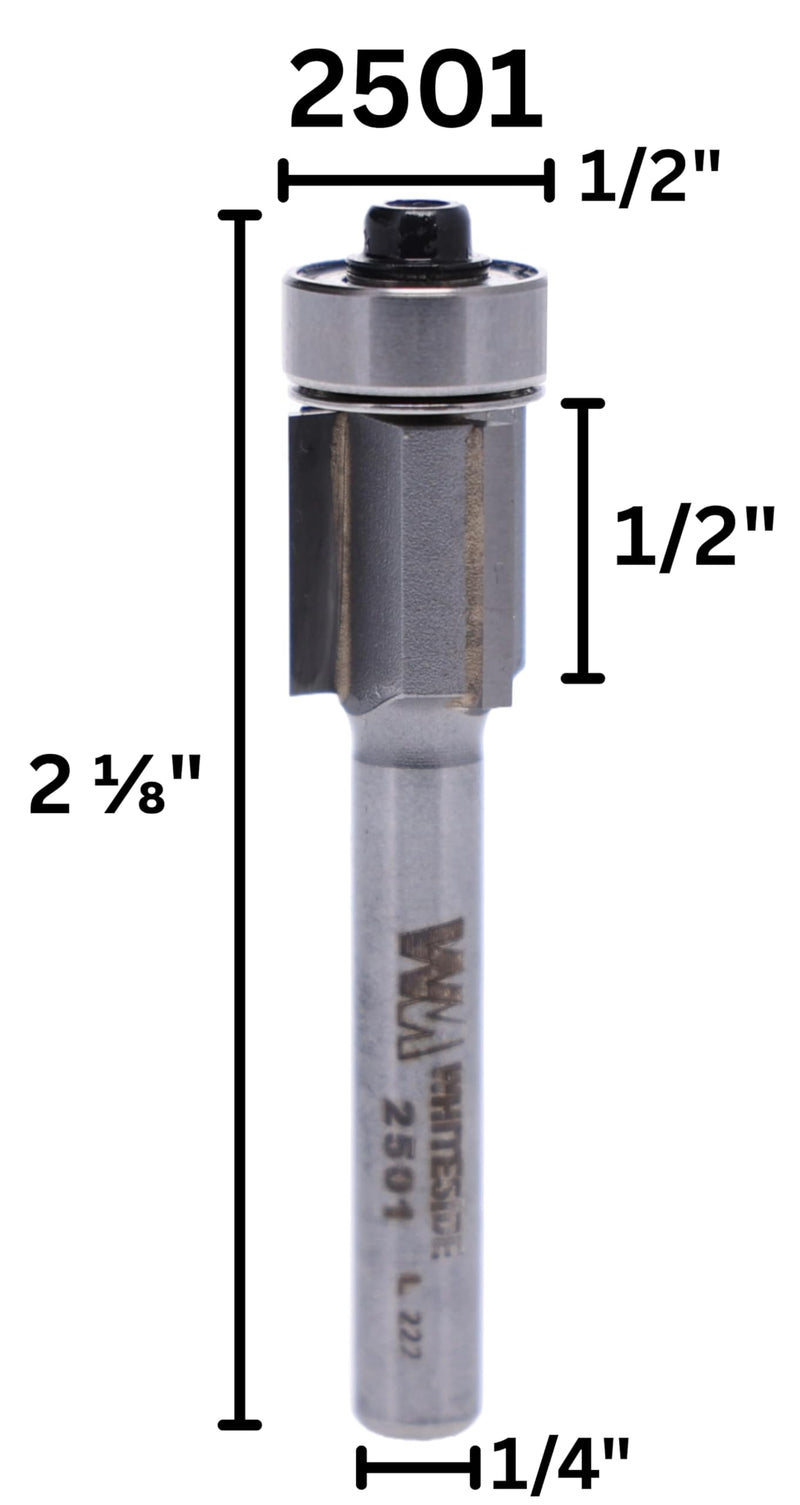 Whiteside 2501 Three Flute Flush Trim Router Bit: 1/2 Inch Cutting Diameter, 1/2 Inch Cutting Length, 1/4 Inch Shank, 2-1/8 Inch Overall Length, B3 Bearing