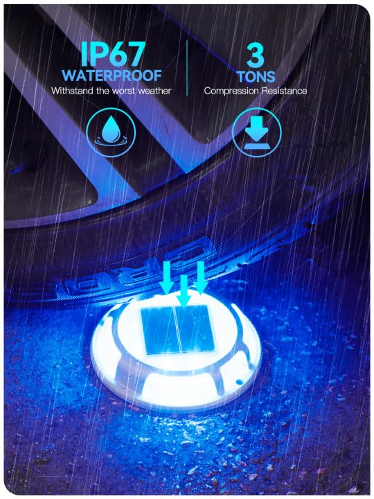 Solar Driveway Lights Dock Lights Waterproof 4 Pack, 2 Colors in 1, LED Solar Deck Lights for Outside, Solar Powered Ground Lights for Warning Driveway Stair Step Pathway(Blue & White) Blue Light & Cool White