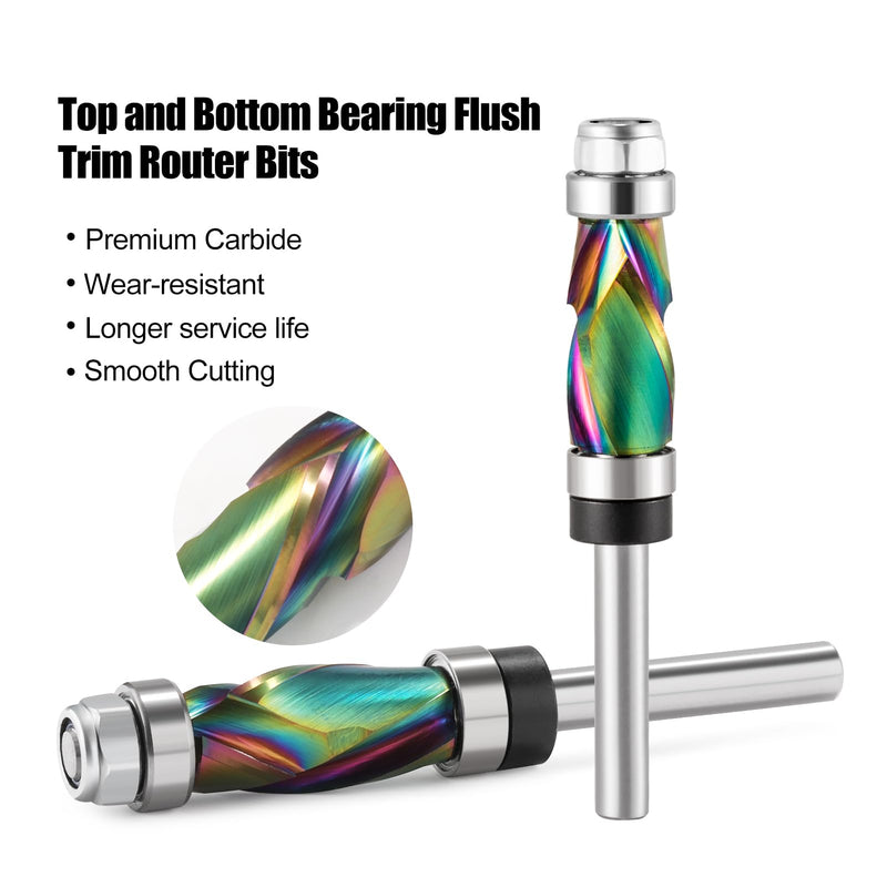 Carbide Compression Flush Trim Router Bit 1/4 Shank, 1/2" Diameter, 1" Cutting Length，DLC Coated Up Down Pattern Template Router Bit with Top and Bottom Bearing for Woodworking Trimming 1/4''x 1/2''x 1''
