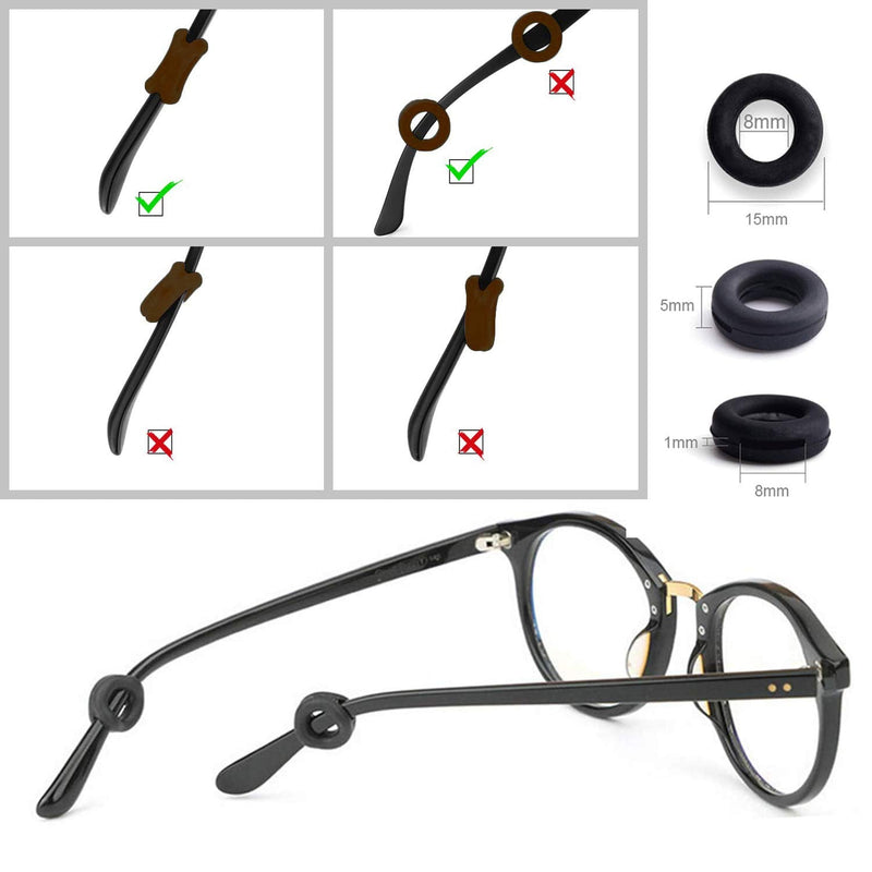 Benvo 12 Pairs Eyeglasses Retainers Silicone Glasses Temple Holders Anti-slip Protectors Comfort Eyewear Spectacle Stay Put Glasses Stoppers for Sport, Study(4 Variety Designs in Black, Clear, Brown) Black+clear+brown