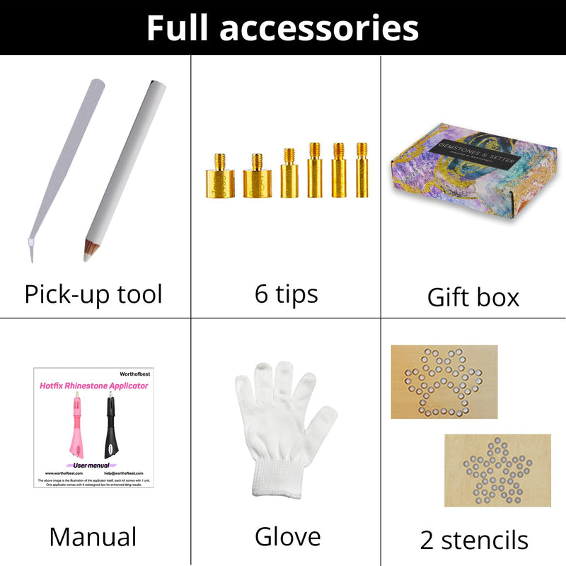 Hot Fix Applicator Tool Kit with 8500 Rhinestones for Blinging Clothes, Fabric, Clothing, Leather, Hotfix Bedazzler Kit with 6 Tips, Stand, Gift Box, Manual, Glove, Stencils, Tray, Tweezers, Picker Hotfix tool + 8500 hotfix gems + Box