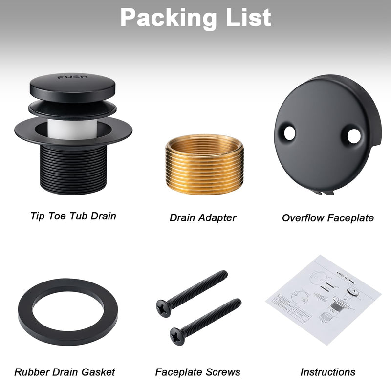 BOOMIBOO Bathtub Drain Tip-Toe Trim Set with Two-Hole Overflow Faceplate, Bath Tub Drains Conversion Kit with Universal Fine/Coarse Thread, Replacement Bathtub Drain Stopper Assembly, Matte Black
