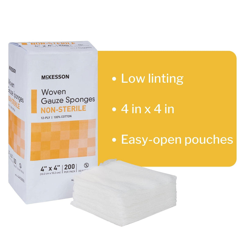 McKesson Woven Gauze Sponges, Non-Sterile, 12-Ply, 100% Cotton, 4 in x 4 in, 200 per Pack, 1 Pack
