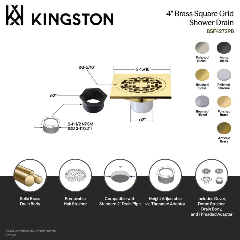 Kingston Brass BSF4272PN Watercourse 4" Square Brass Shower Drain, Polished Nickel