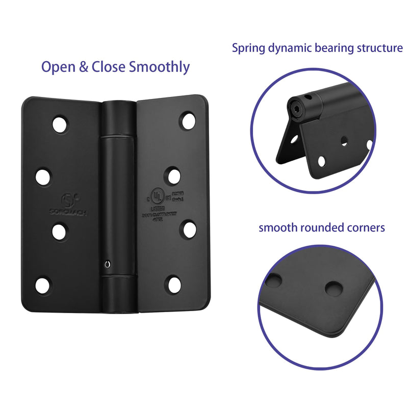 2 Pieces Self Closing Door Hinge 4 inch Matte Black Auto Close Hinge Adjustable 4 x 4 Inch Spring Hinges Door Closer Hinge 1/4" Radius Corner Commercial Auto Self-Closing Hinge