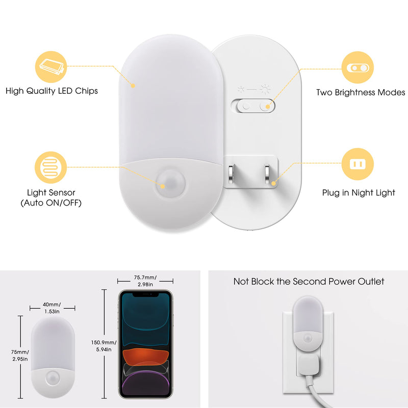 L LOHAS LED Night Lights Plug into Wall, [𝟐 Pack] LED Dimmable Night Light with Light Sensors, 30/60LM Adjustable Brightness Nightlights, Soft White 3000K Automatic Night Light for Kid, Hallway
