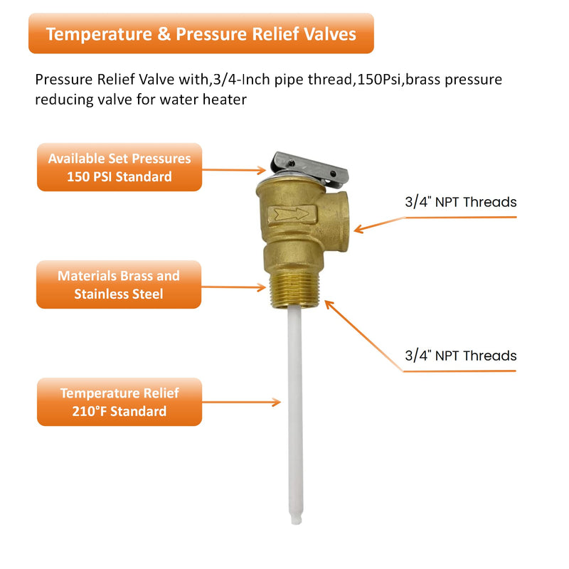 Long Term Temperature and Pressure Relief Valve Automatic with Extension Probe and Lever,3/4"NPT Pressure Relief Valve,All brass body.