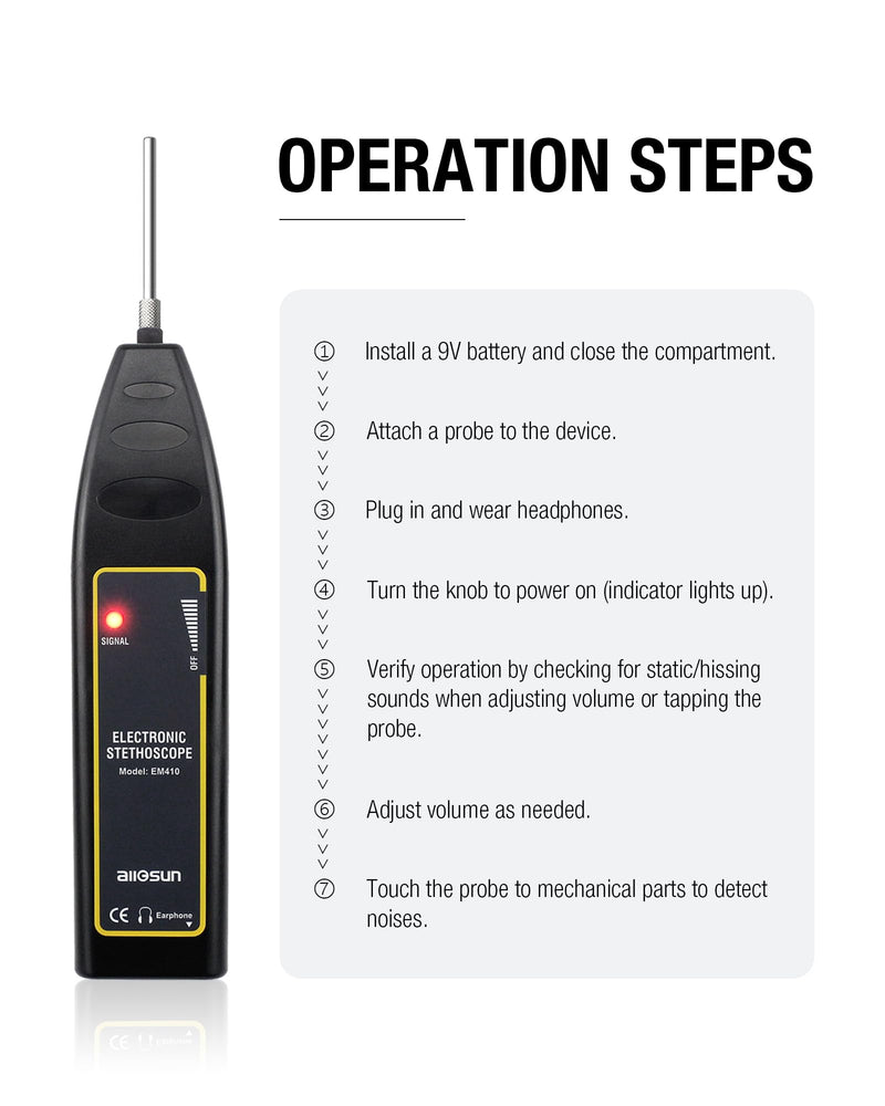 ALLOSUN Automotive Electronic Mechanics Stethoscope Electronic EAR Diagnostic Device Kit EM410 with Short and Long probe