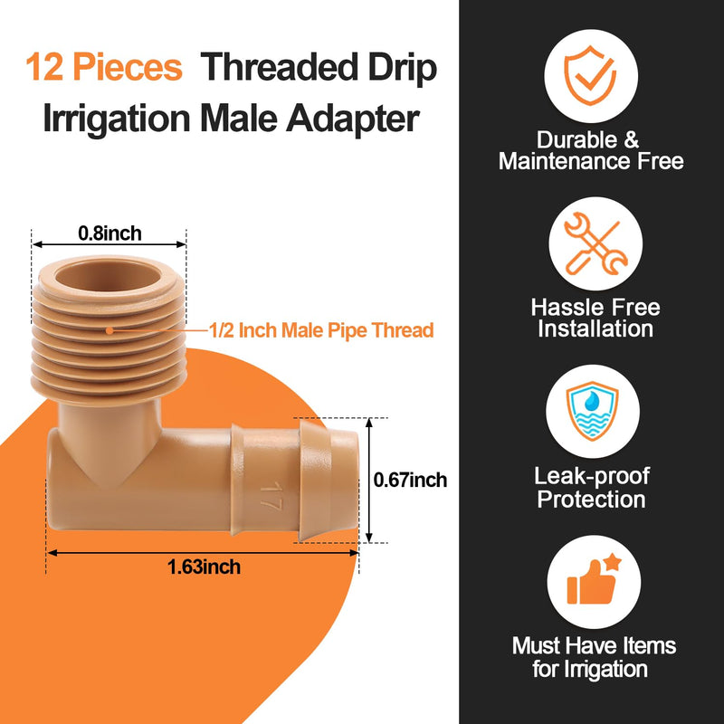 12 Pieces 1/2 Inch PVC to 1/2 Inch Drip Irrigation Adapter Fittings, 1/2" Male Pipe Thread(MPT) x 1/2" Drip Line Barbed Elbow Connectors 1/2-in PVC to 1/2-in Poly Tubing Adapter