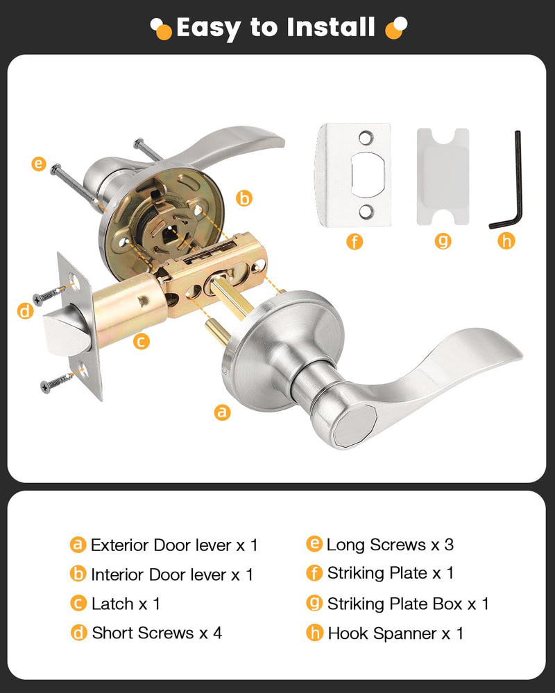 Gobrico 1 Pack Passage Door Handle in Satin Nickel, Interior Closet Hallway Drop Style Door Lever, Heavy Duty Door Knob Without Locking