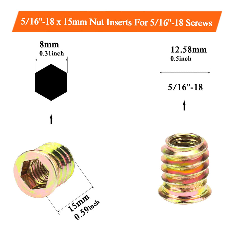5/16-18 Threaded Inserts, Wood Inserts, Steel Threaded Inserts for Wood Furniture Screw, HELIFOUNER 40 Pieces 5/16”-18 x 15mm Threaded Inserts with Hex Wrench for Wood Furniture 5/16"-18 x 15mm