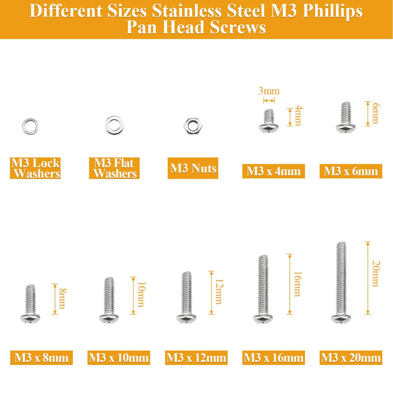 565 Pieces M3 Machine Screws Nuts Washers Set, Sutemribor M3 x 4/6/8/10/12/16/20mm Phillips Pan Head Machine Screws Nuts Washers Assortment Kit, 304 Stainless Steel, Fully Threaded