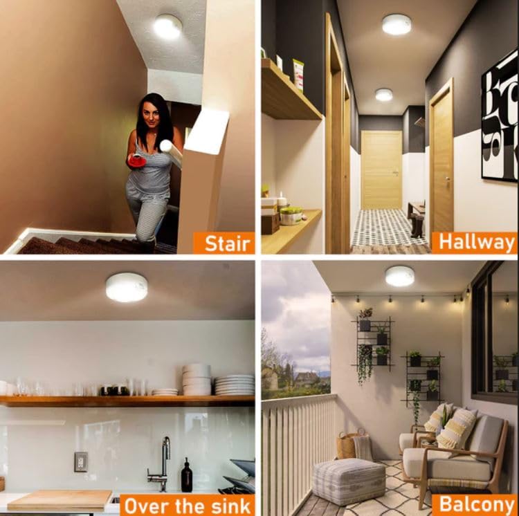 TOOWELL Motion Sensor Ceiling Light Battery Operated Indoor/Outdoor LED Ceiling Lights for Closet Hallway Pantry Laundry Stairs Garage Bathroom Shower Porch Shed Wall 400LM Motion Activated Light White