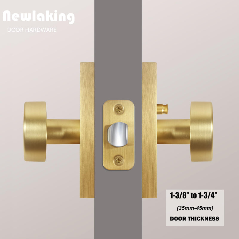 Satin Brass Zinc Alloy Privacy Door Knob with Lock, Heavy-Duty Round Handle with Rectangle Frame, Bedroom Bathroom Interior Quick Installation Lock Set, 1 Pack Satin Brass