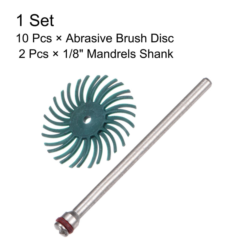 HARFINGTON 10pcs Radial Bristle Disc Set 1" 80 Grit Detail Abrasive Brush Kit Gap Polishing Wheel Assortment with 1/8" Mandrels Shank for Jewelry Wood Metal Polishing Cleaning, Green