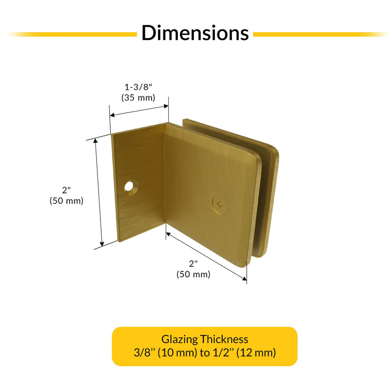 Brixwell Fixed Panel Beveled Clamp with Small Leg - Satin Brass Finish, 2" Height, for 3/8" to 1/2" Glass Thickness, Ideal for Shower Doors & Glass Shelves